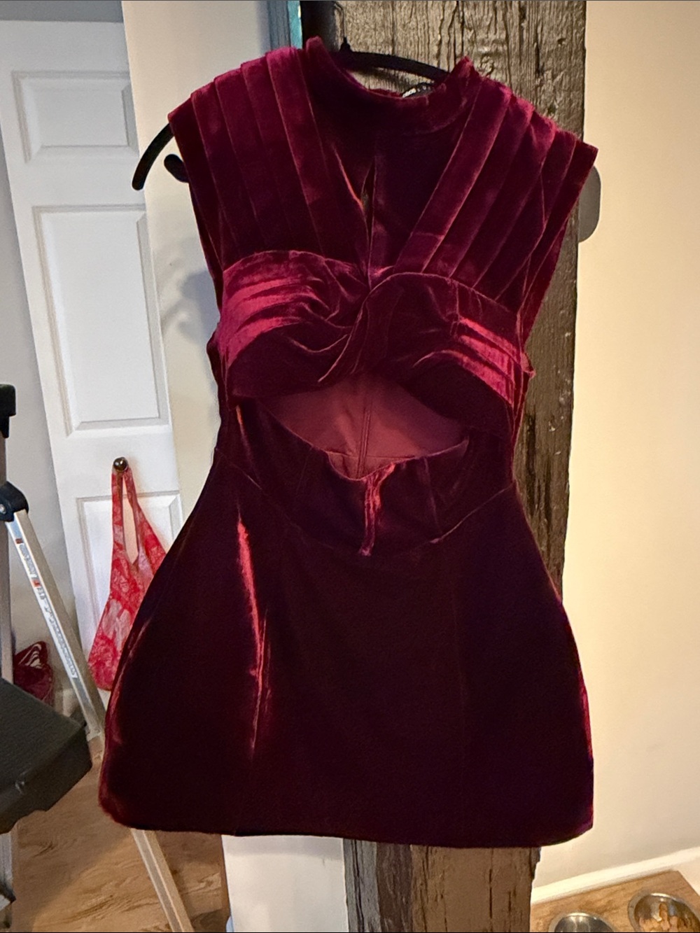 ASOS Velvet Mini Dress in Wine Red with Front Cutout